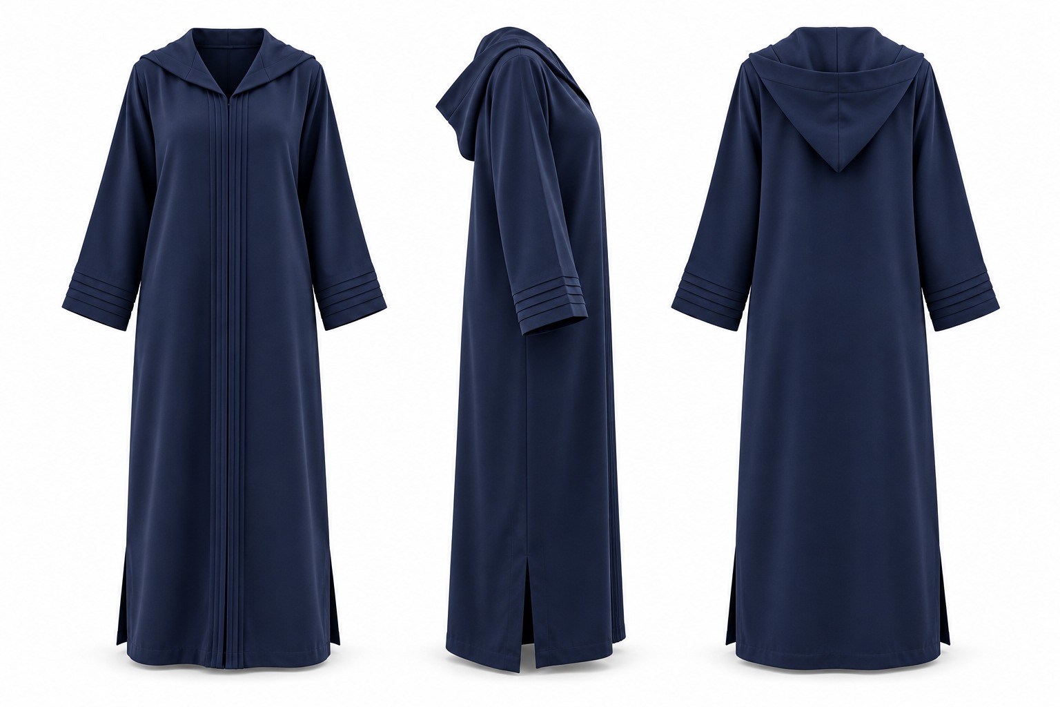 Soie Crêpe jellaba in marineblauw, vooraanzicht
