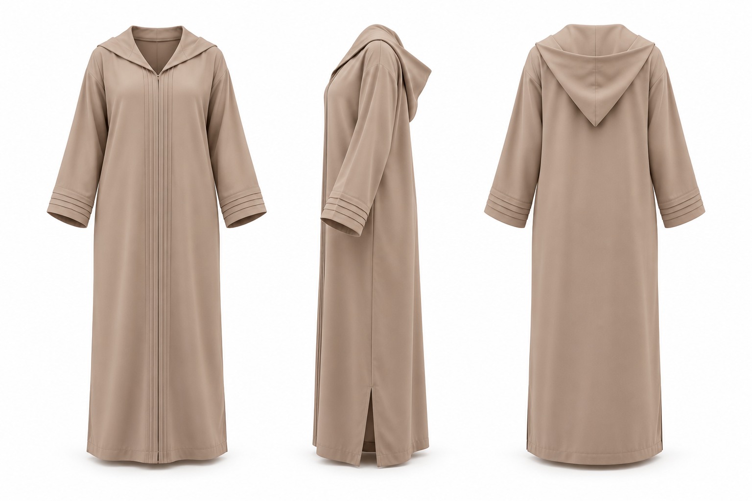 Soie Crêpe jellaba in taupe, vooraanzicht
